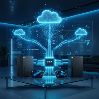 Futuristic AMD cloud gaming hub with interconnected devices and glowing blue clouds.