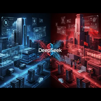A futuristic data center split in blue and red, with holographic dashboards around DeepSeek.