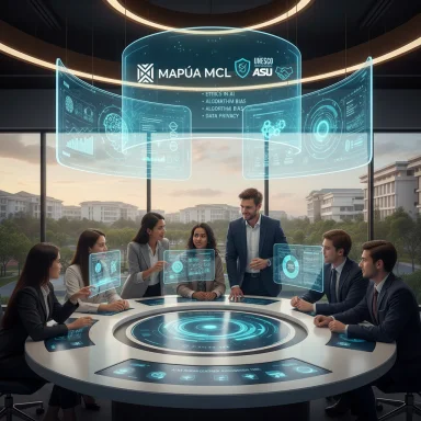 A team in a futuristic conference room, analyzing holographic screens around a circular table.
