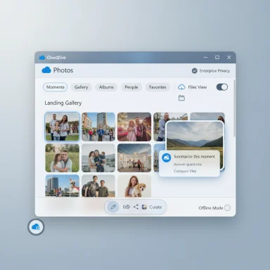 A OneDrive Photos window with a landing gallery of family photos and a “Summarize this moment” popup.