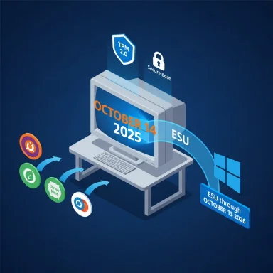 A tech infographic showing TPM 2.0, Secure Boot, and ESU with an illustrated PC and update timeline.