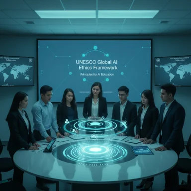 A diverse team gathers around a holographic AI interface to discuss UNESCO's Global AI Ethics Framework.