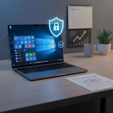 A laptop on a desk shows a glowing shield and lock hologram, signaling cybersecurity.