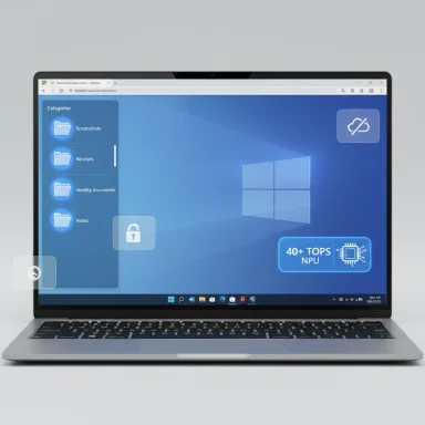 Laptop screen shows a Windows desktop with a blue 'Categories' sidebar listing folders.