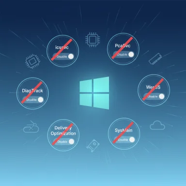 Windows services shown as disabled around a central Windows logo in a tech-themed diagram.