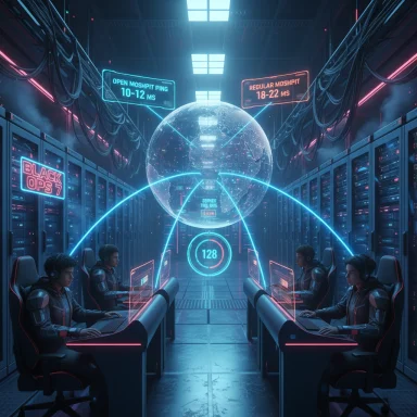 Neon-lit cyber ops lab with four operators at holographic globe and glowing server racks.