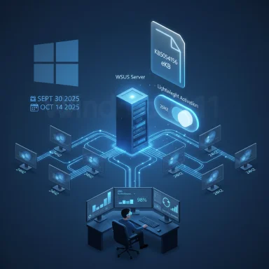 Futuristic Windows server network with a WSUS hub connecting multiple PCs to a central admin console.