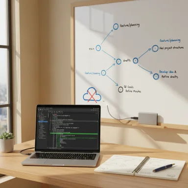 Laptop on a wooden desk with code on screen, whiteboard flowchart, notebook, and plant in sunlight.