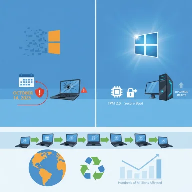 Windows 10 end-of-support on Oct 14, 2025; upgrade to Windows 11 with TPM 2.0 and Secure Boot.
