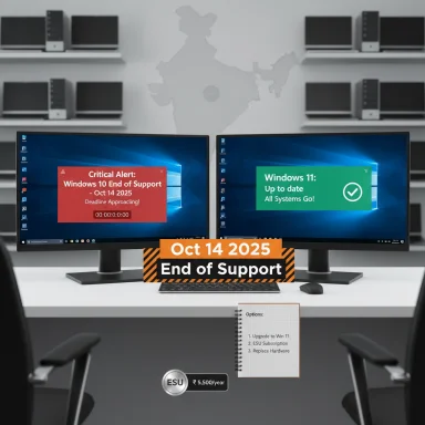 Two computer monitors display Windows end-of-support alerts with a deadline of Oct 14, 2025.