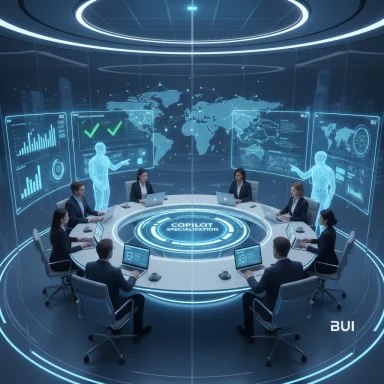 A futuristic round conference table surrounded by holographic dashboards and global maps.
