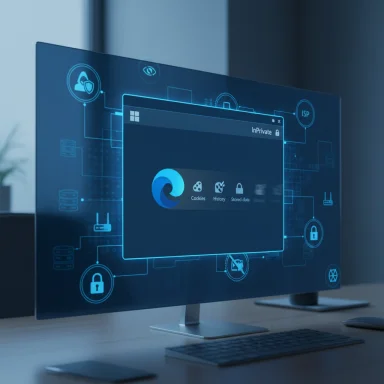 A computer monitor shows a blue cybersecurity overlay and an InPrivate privacy window. A computer monitor shows a blue cybersecurity overlay and an InPrivate privacy window.