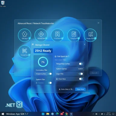 Windows 11 desktop with a translucent Advanced Reset / Network Troubleshooter window and a Storage Cleaner overlay.
