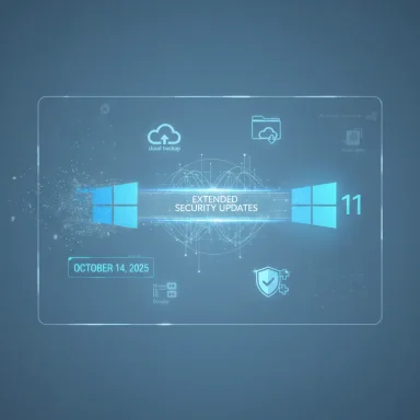 A futuristic Windows 11 holographic interface displays extended security updates and cloud backup icons.