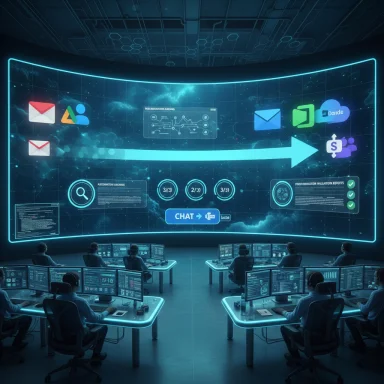 A futuristic control room featuring a giant curved holographic display and operators at work.
