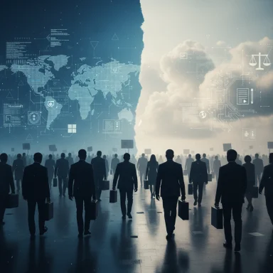 Silhouetted professionals walk toward a luminous, tech-filled horizon.