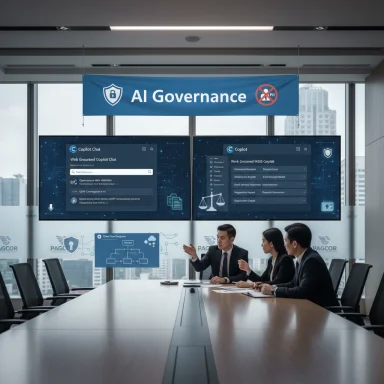 A modern boardroom where a team discusses AI governance, as large screens display Copilot interfaces. A modern boardroom where a team discusses AI governance, as large screens display Copilot interfaces.