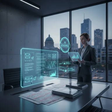 Professional uses AI-governed holographic dashboard in a modern office overlooking the city.