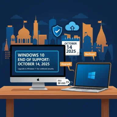 Desk setup shows a Windows 10 end-of-support notice for Oct 14, 2025, urging upgrade to Windows 11.