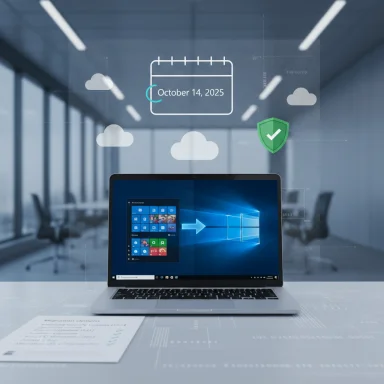 Laptop on a desk displays Windows UI with cloud icons and the date October 14, 2025.
