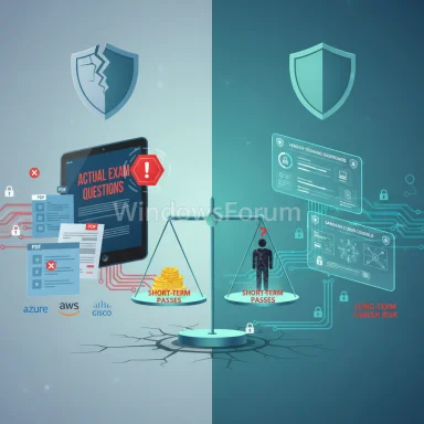Split image contrasts cheating on actual exam questions with long-term cybersecurity career risk.