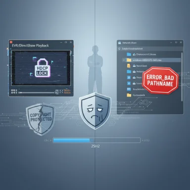 Digital security scene with an HDCP lock, a network error, and a sad shield among copyright icons. Digital security scene with an HDCP lock, a network error, and a sad shield among copyright icons.