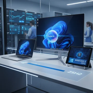 Tech lab demo: Copilot AI on a large monitor with a laptop and Windows 11 tablet. Tech lab demo: Copilot AI on a large monitor with a laptop and Windows 11 tablet.