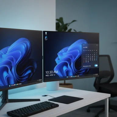 Dual-monitor computer setup on a white desk with keyboard, mouse pad, and a calendar pop-up on the screen.