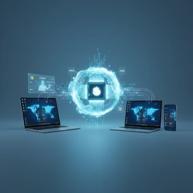 A glowing central processor hub links laptops, a phone, and screens in a futuristic tech network.