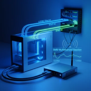 Futuristic server rack with glowing cables and SMB multichannel network metrics.