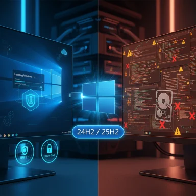 Split-screen showing Windows 11 24H2/25H2 update on the left and security warnings on the right.