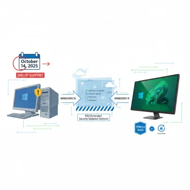 PCs migrate from Windows 10 to Windows 11 via ESU options as support ends Oct 14, 2025.