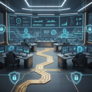 Futuristic command center with holographic dashboards and a glowing secure path.