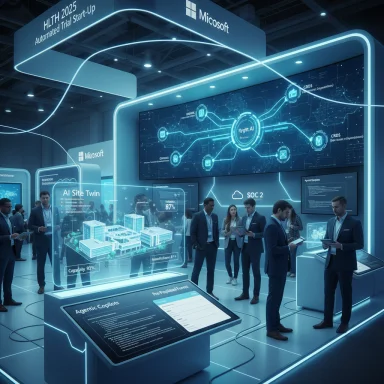 A neon-blue tech expo booth featuring Microsoft AI demos and holographic displays.