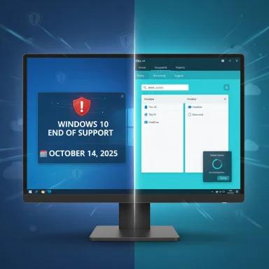 Split monitor: left shows Windows 10 end of support, right displays a teal file manager UI.