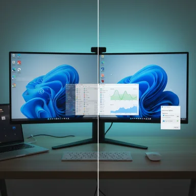 Dual curved-monitor workstation on a wooden desk showing a Windows desktop.