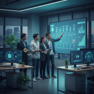 Team presents data-driven analytics on a large screen in a high-tech office. Team presents data-driven analytics on a large screen in a high-tech office.