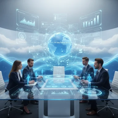 A futuristic boardroom with holographic data displays surrounding a glass conference table. A futuristic boardroom with holographic data displays surrounding a glass conference table.