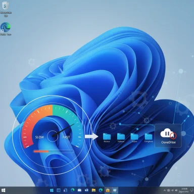 Blue abstract wallpaper featuring a circular speedometer gauge from Slow to Fast and a OneDrive icon.