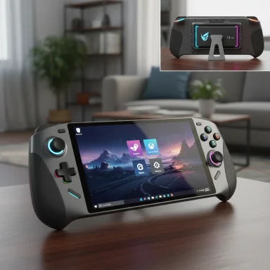 A sleek handheld gaming console rests on a table in a modern living room; inset shows its battery module.