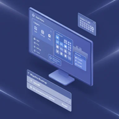 A futuristic translucent computer screen shows a blue holographic Start Menu with a migration roadmap.