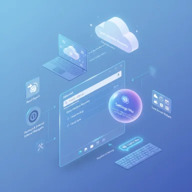 Isometric illustration of cloud-based data recovery and system settings UI.
