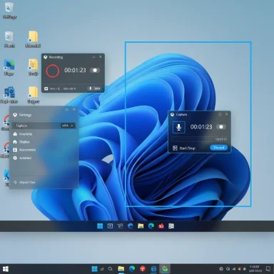 Windows desktop with floating recording, capture, and settings panels over a blue abstract wallpaper.