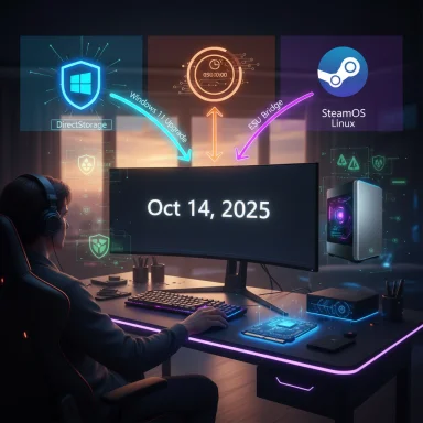 A gamer sits at a neon-lit desk with holographic UI showing Windows 11 DirectStorage and SteamOS/Linux.