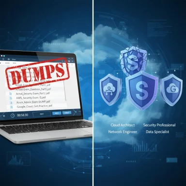 Left: laptop displaying data dumps; right: security shields symbolizing cloud security roles.