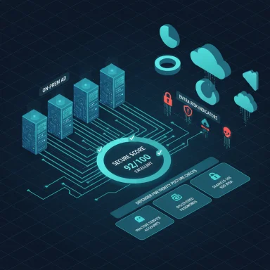 Cybersecurity dashboard with on-prem servers and cloud risk indicators, highlighting a 92/100 secure score.