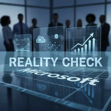 A holographic data dashboard labeled 'Reality Check' floats over a Microsoft display in a boardroom.