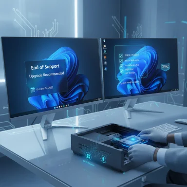 Futuristic workstation with dual monitors and a technician performing a hands-on hardware upgrade.
