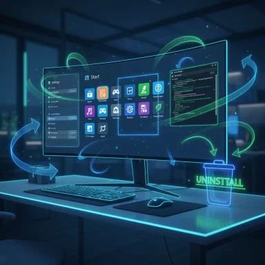 A futuristic desktop with holographic app icons and an active uninstall prompt.