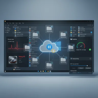 A futuristic cloud dashboard on a monitor, with connected folders and live metrics.